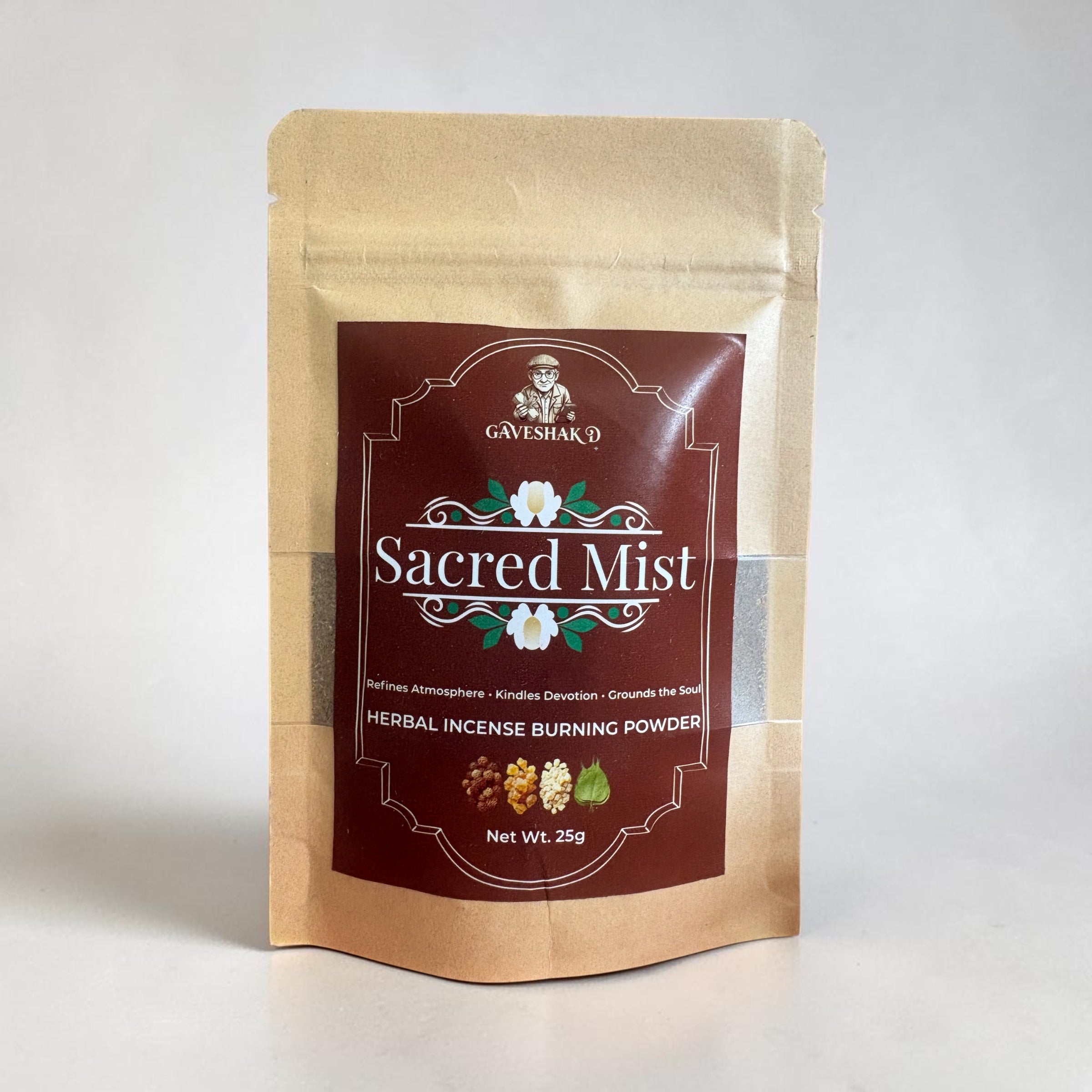 Gaveshaj D - Sacred Mist Herbal Incense Burning Powder | Havan, Homa & Dhoop Powder | With Sandalwood, Guggul, Camphor, Rudraksha, Frankincense, 25g
